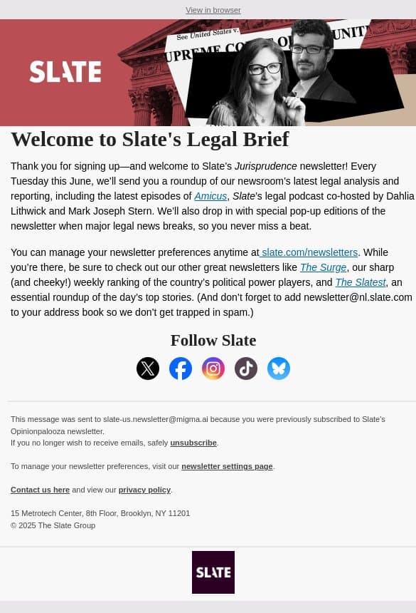 Welcome to Slate’s Legal Brief email from Slate screenshot