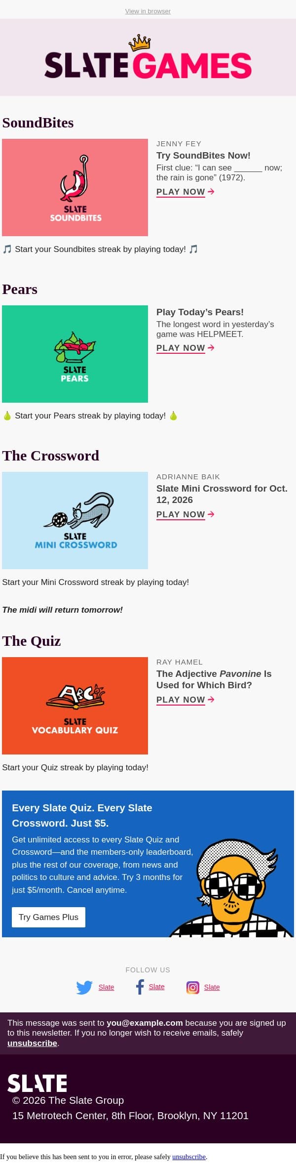 The adjective pavonine is used for which bird? email from Slate screenshot