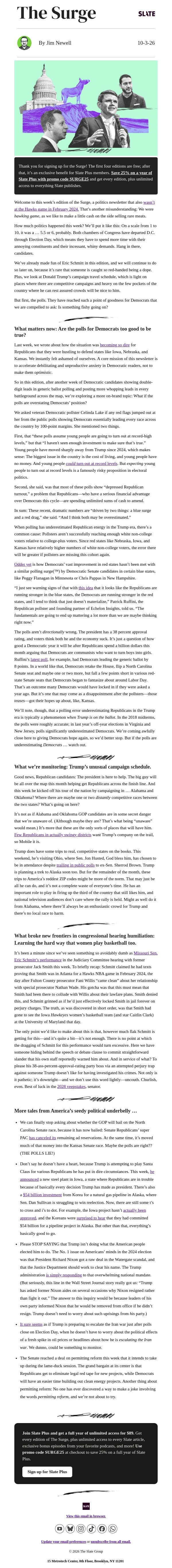 Are the polls too good to be true for Democrats? email from Slate screenshot