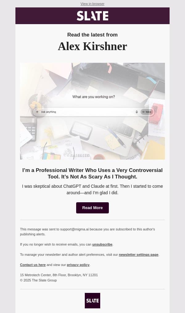 I’m a Professional Writer Who Uses a Very Controversial Tool. It’s Not As Scary As I Thought. email from Slate screenshot