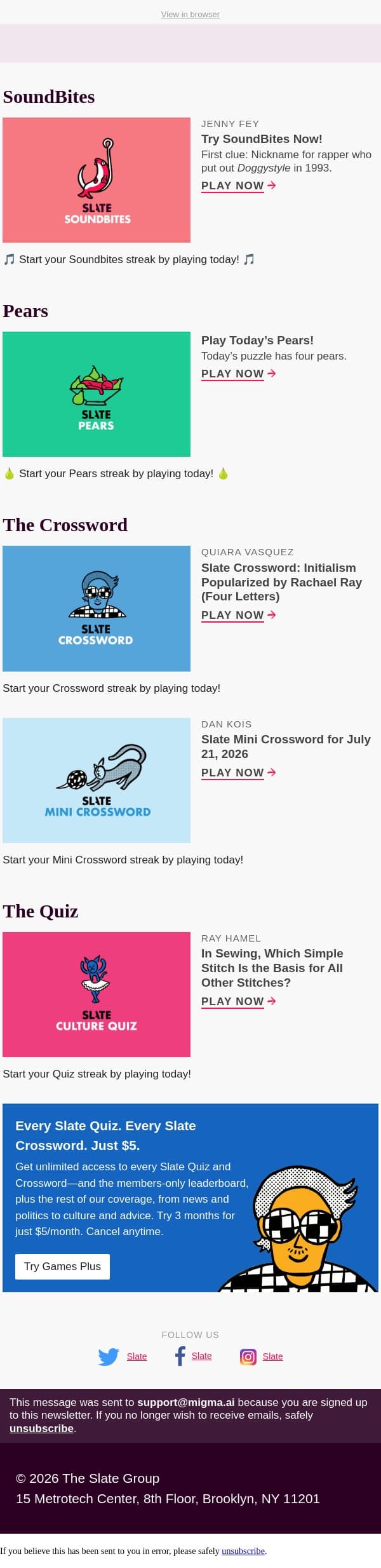 In sewing, which simple stitch is the basis for all other stitches? email from Slate screenshot