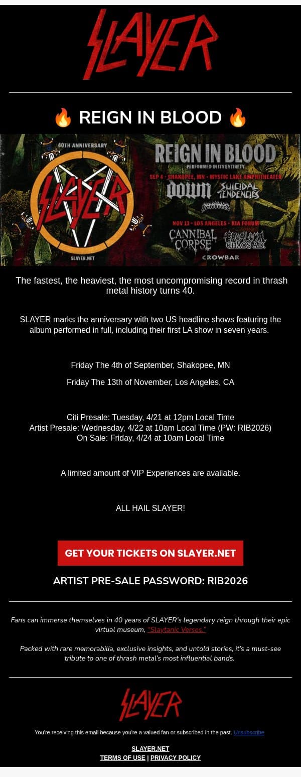 SLAYER Will Perform Reign in Blood in Its Entirety email from Slayer screenshot