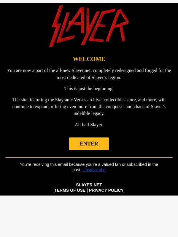 WELCOME email from Slayer screenshot
