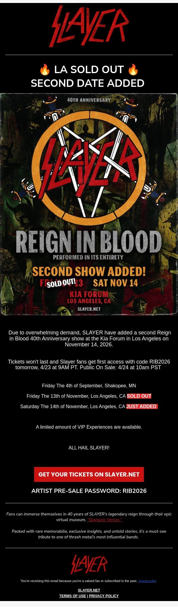 🔥 LA SOLD OUT 🔥 SECOND SHOW ADDED email from Slayer screenshot