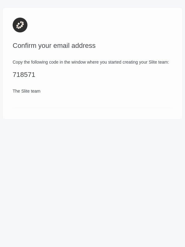Slite confirmation code email from Slite screenshot