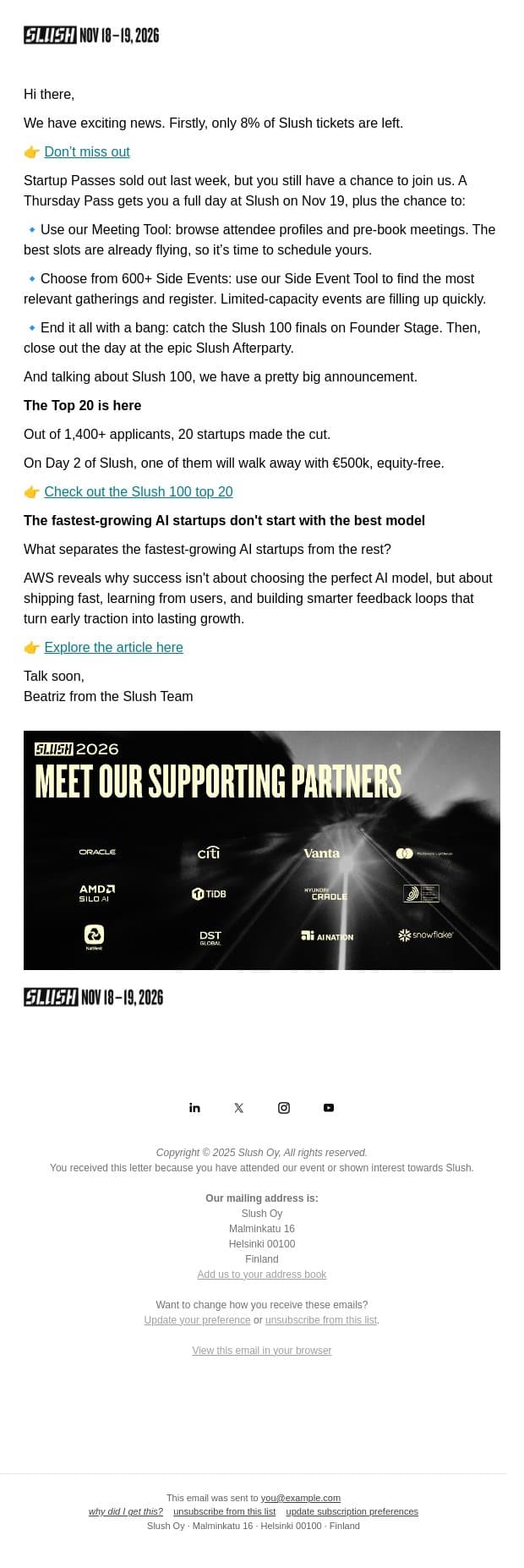 Slush Is 92% Sold Out email from Slush screenshot