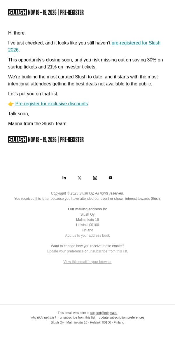 You're Not On the List email from Slush screenshot