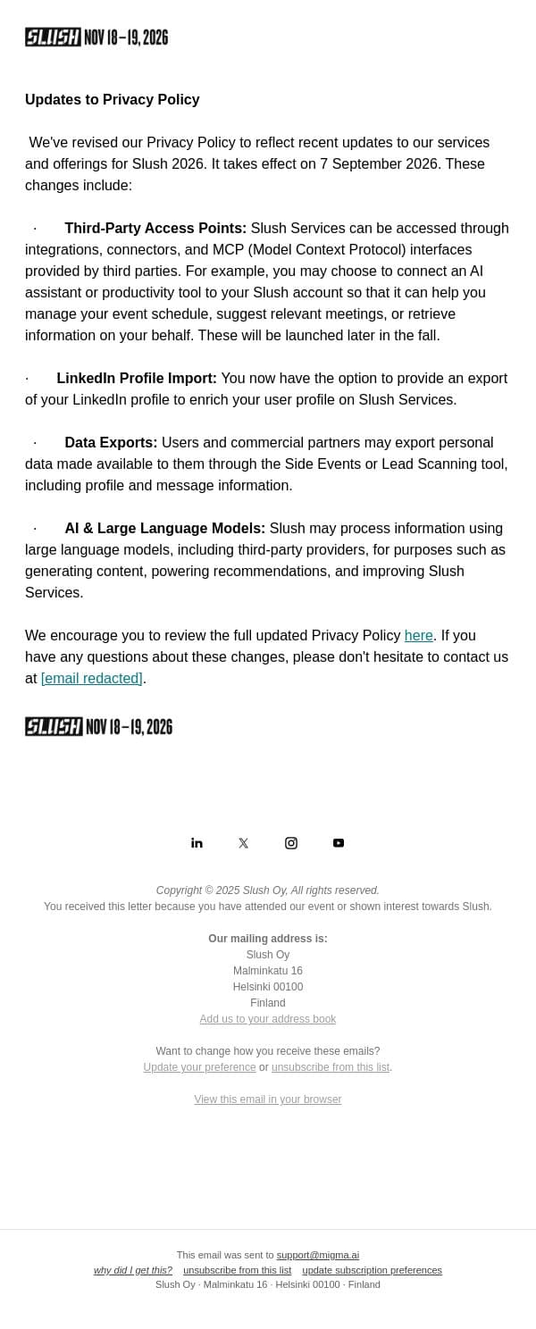 Updates to Privacy Policy email from Slush screenshot
