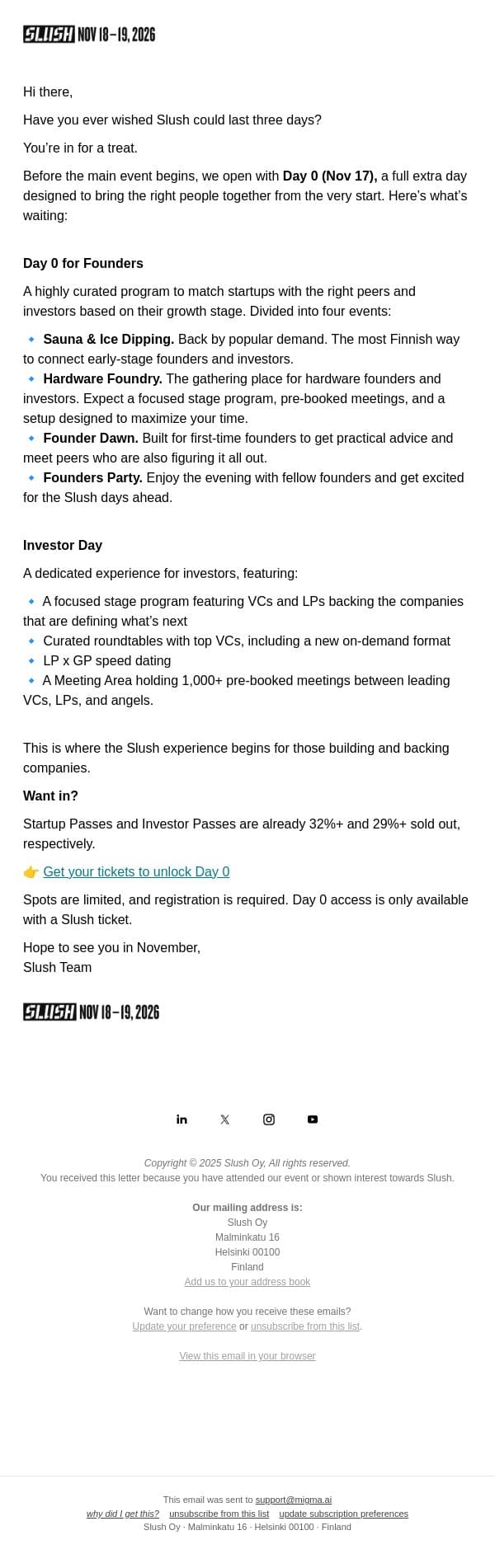 Hyper-Curated Day 0 Activities for Founders & Investors email from Slush screenshot