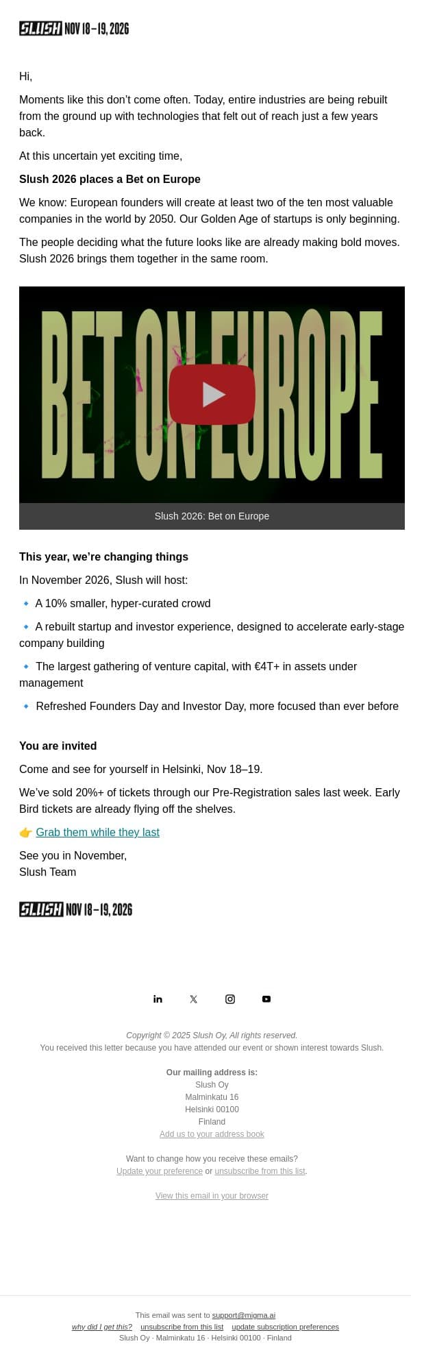 Slush 2026: Bet on Europe email from Slush screenshot
