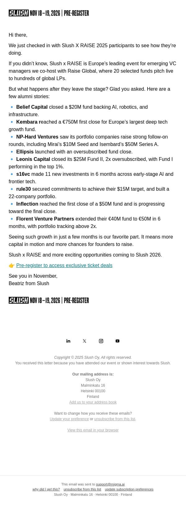 Emerging VC Funds: What Changed After Slush email from Slush screenshot