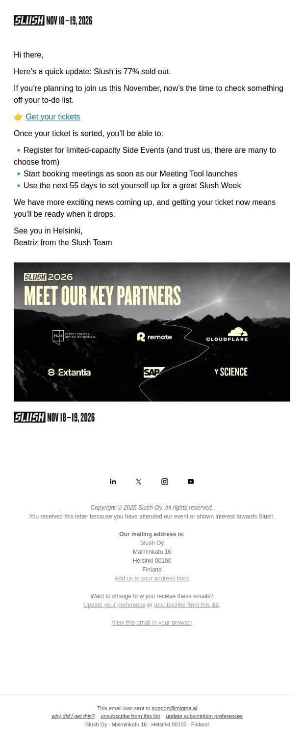 Only 23% of Tickets Left email from Slush screenshot