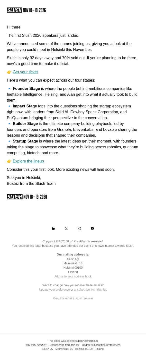 The First Slush Speakers Are Here email from Slush screenshot