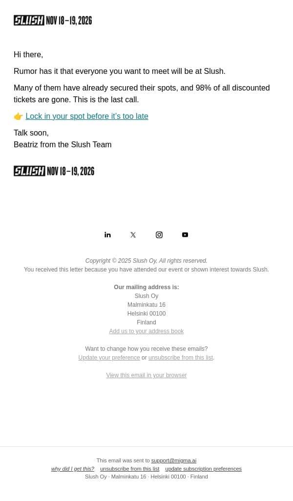 Last Chance to Get a Discounted Ticket email from Slush screenshot