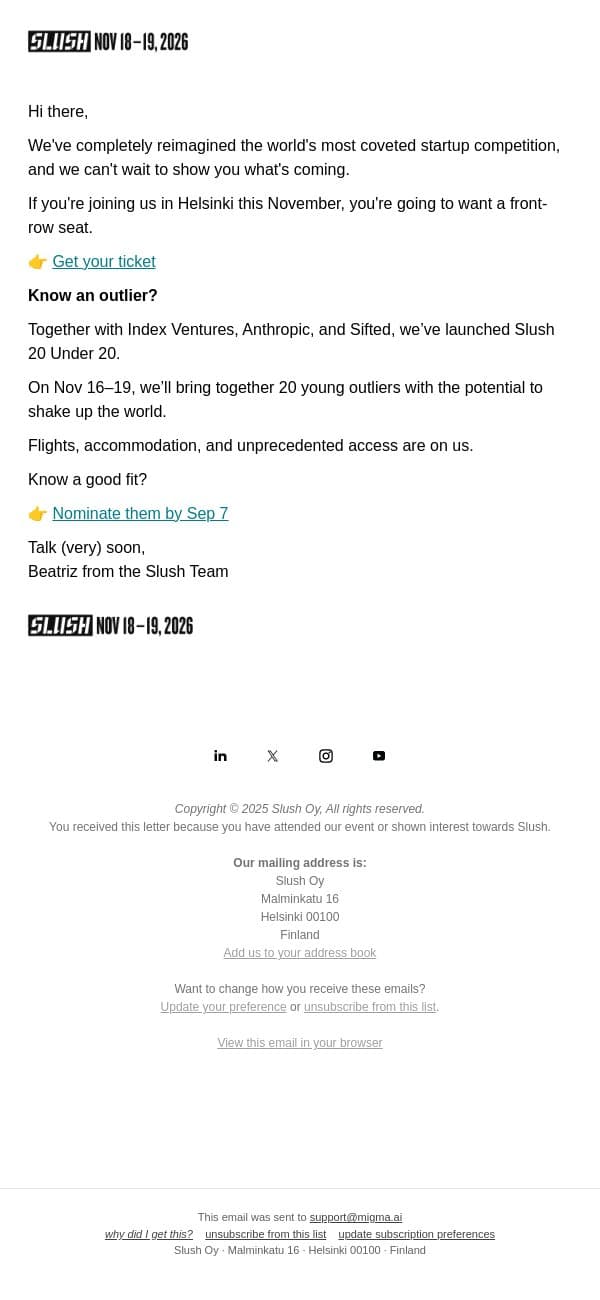 Slush 100 Just Got a Major Upgrade email from Slush screenshot