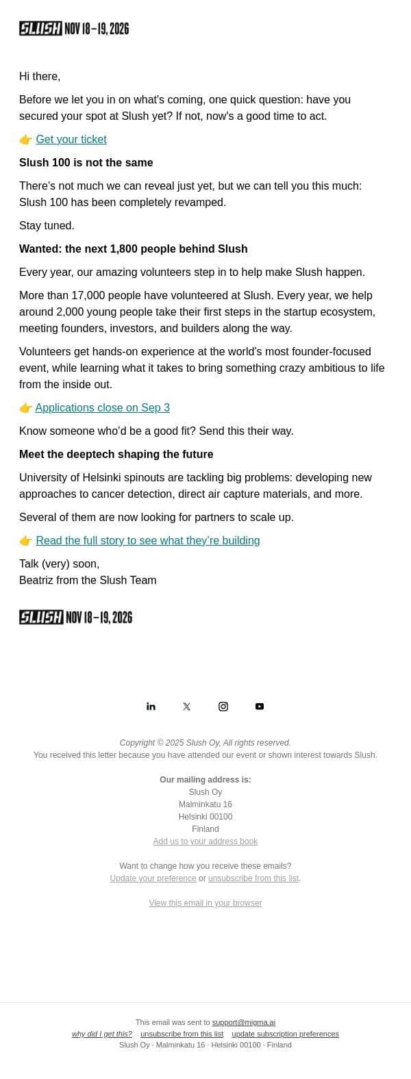 The New Slush 100 Is Almost Here email from Slush screenshot
