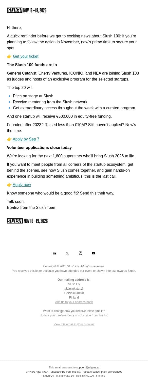 Meet the Funds Behind Slush 100 email from Slush screenshot