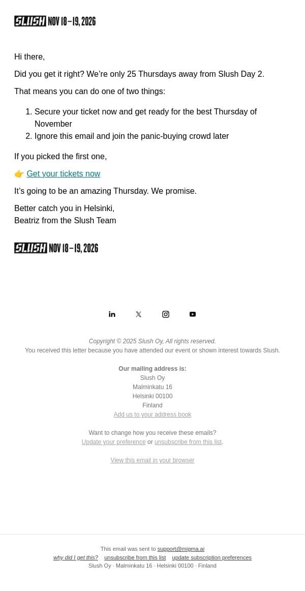 Guess How Many Thursdays until Slush email from Slush screenshot