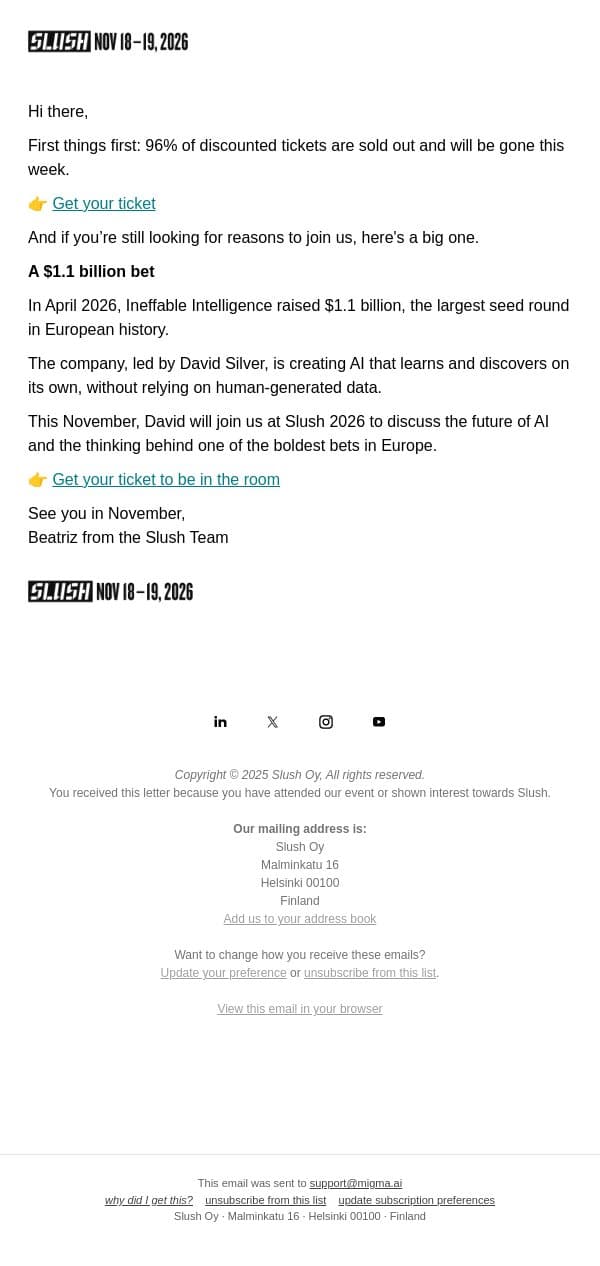 Europe’s First $1.1 Billion Bet email from Slush screenshot