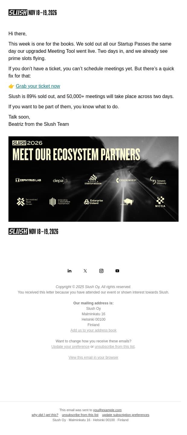 50,000+ Meetings Are Up for Grabs email from Slush screenshot