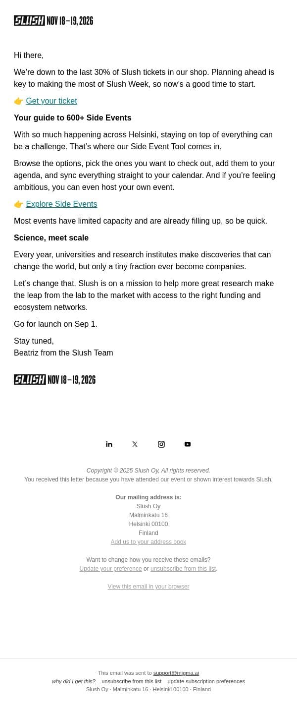 Explore 600+ Side Events Now email from Slush screenshot