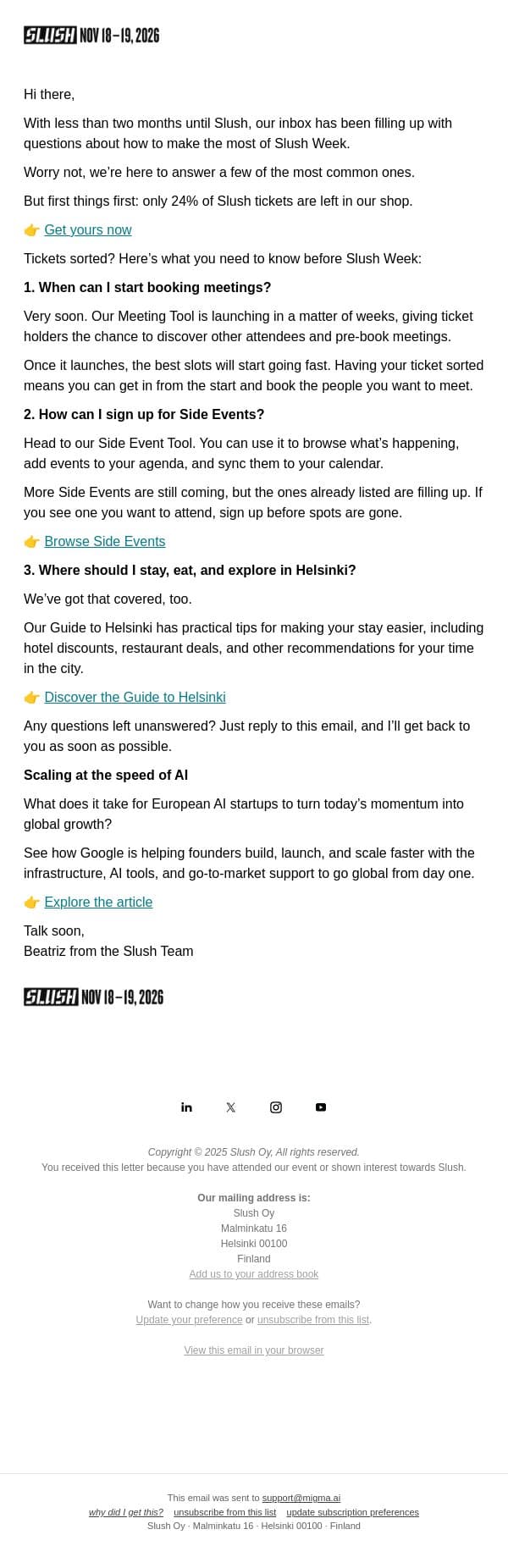 Your Slush Meetings Are Closer than You Think email from Slush screenshot