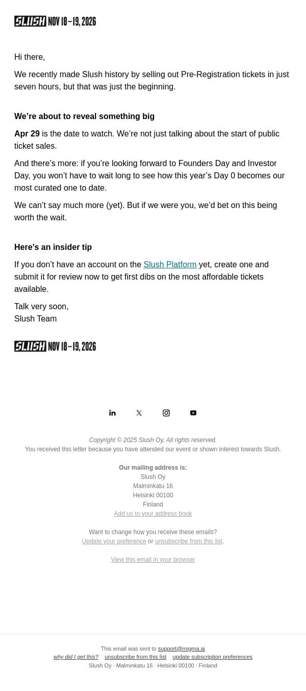 It's Almost Time email from Slush screenshot