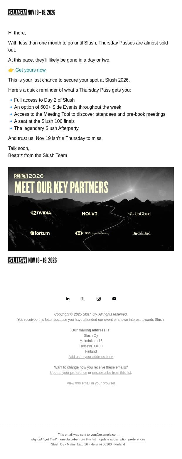 Less than 50 Thursday Passes Left email from Slush screenshot