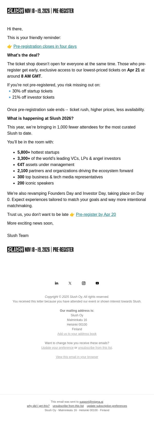 Pre-Registration Closes in 4 Days email from Slush screenshot