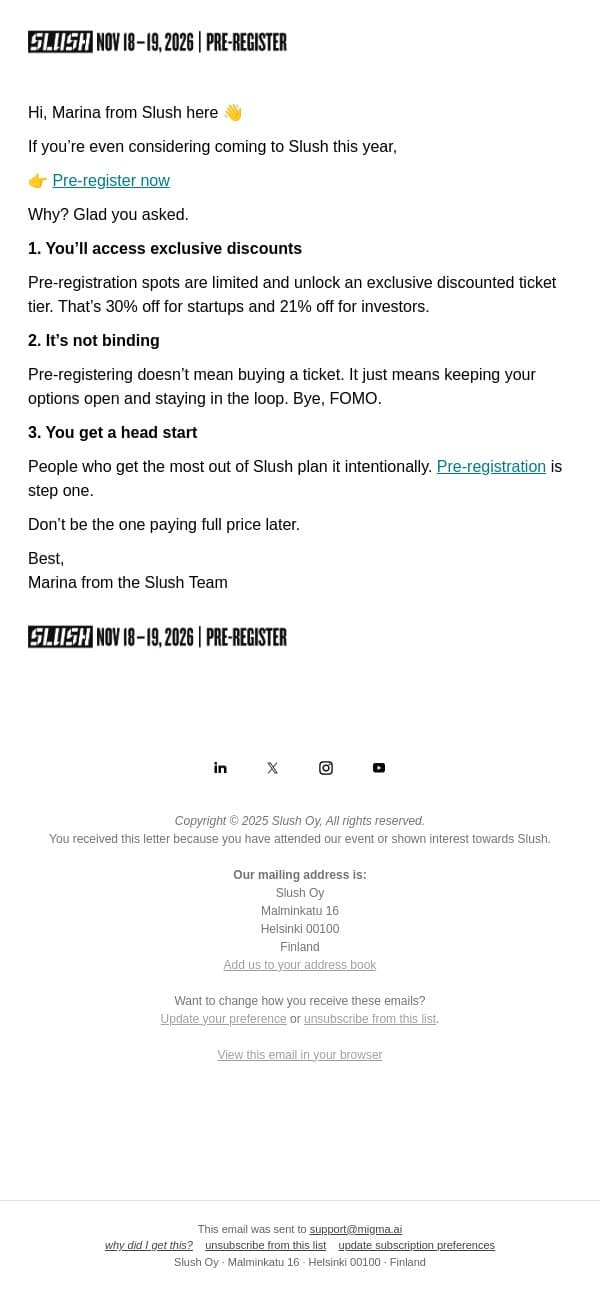 Don’t get a full-price ticket. Do this instead. email from Slush screenshot