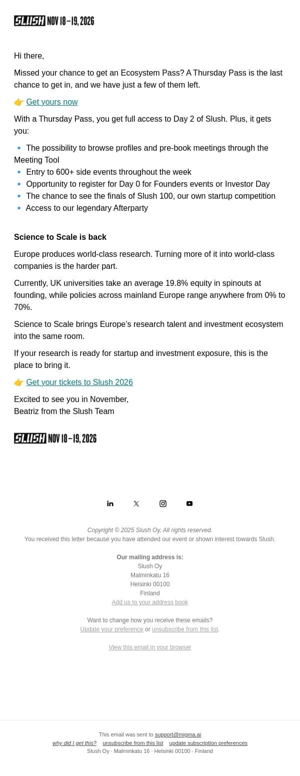Where Europe’s Research Meets Capital email from Slush screenshot