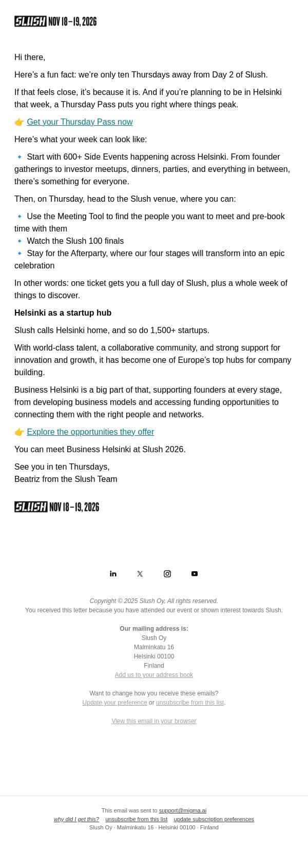 600+ Reasons to Spend Thursday in Helsinki email from Slush screenshot