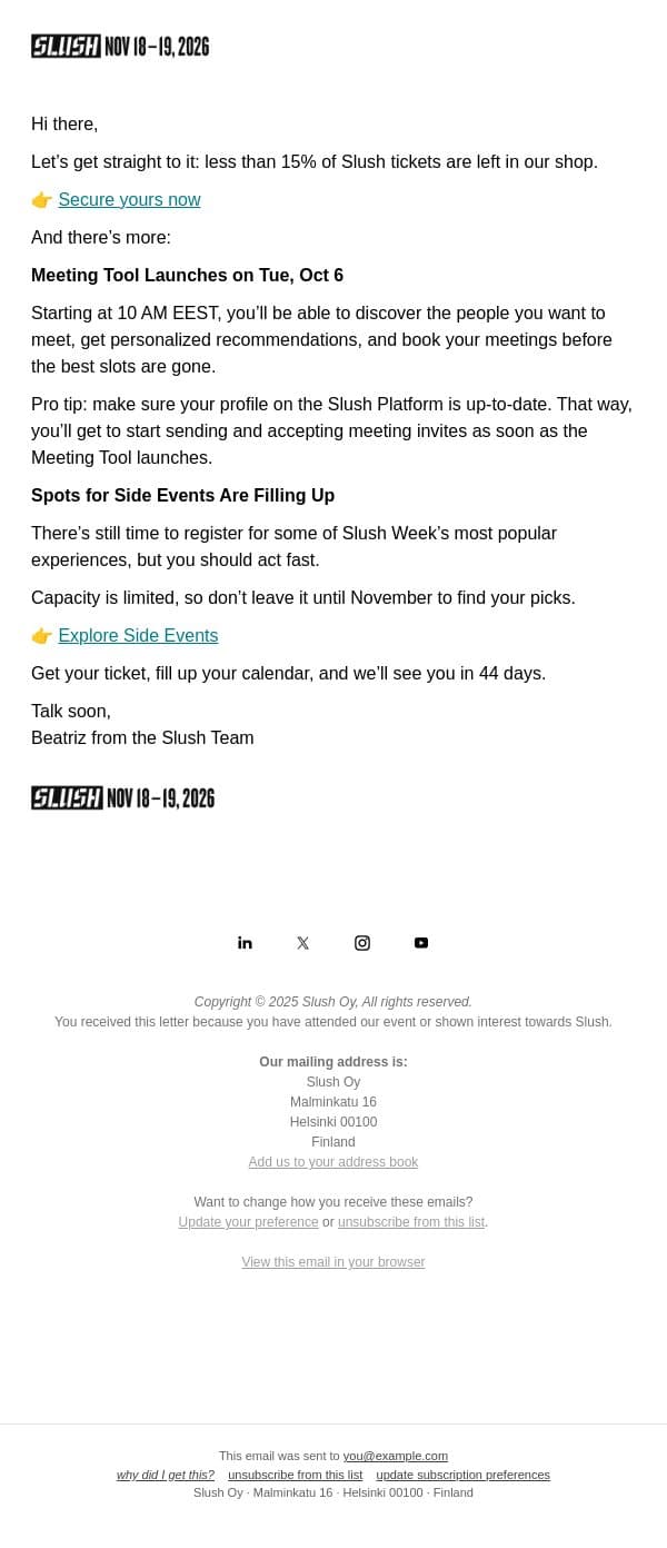 Meeting Tool Launches Tomorrow email from Slush screenshot