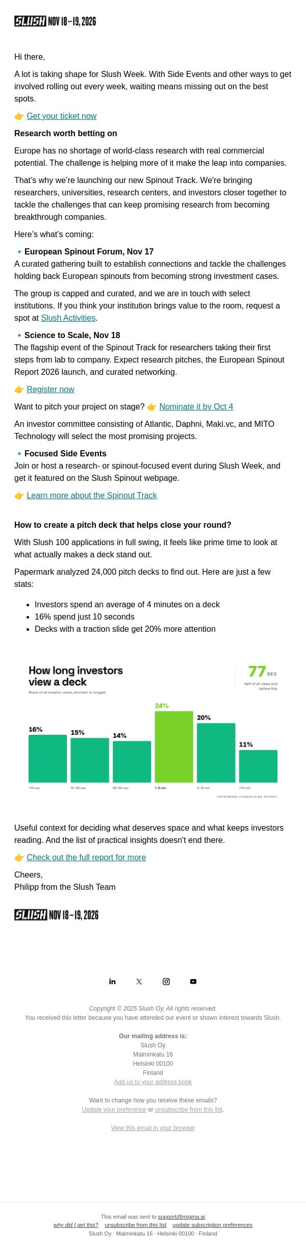 Our Brand-New Spinout Track Is Here email from Slush screenshot