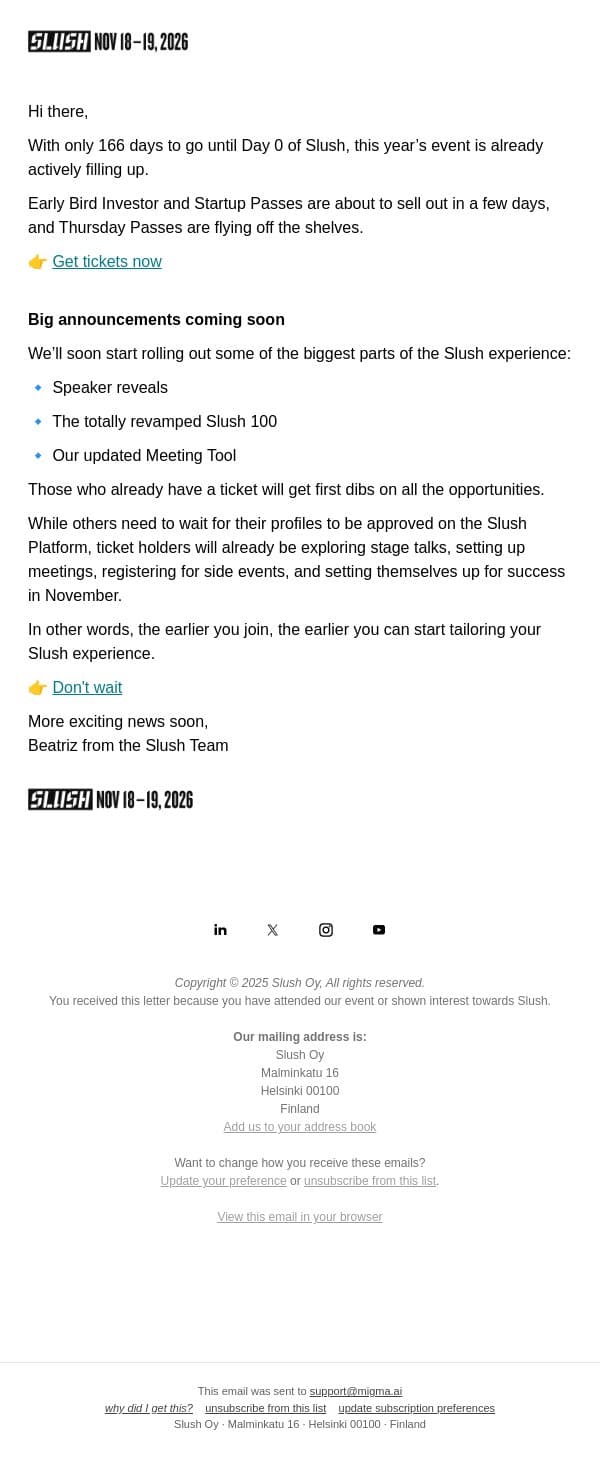 Get Ready for Big Launches email from Slush screenshot