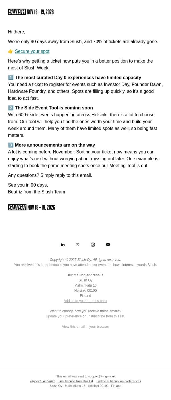 Slush is 70% Sold Out email from Slush screenshot
