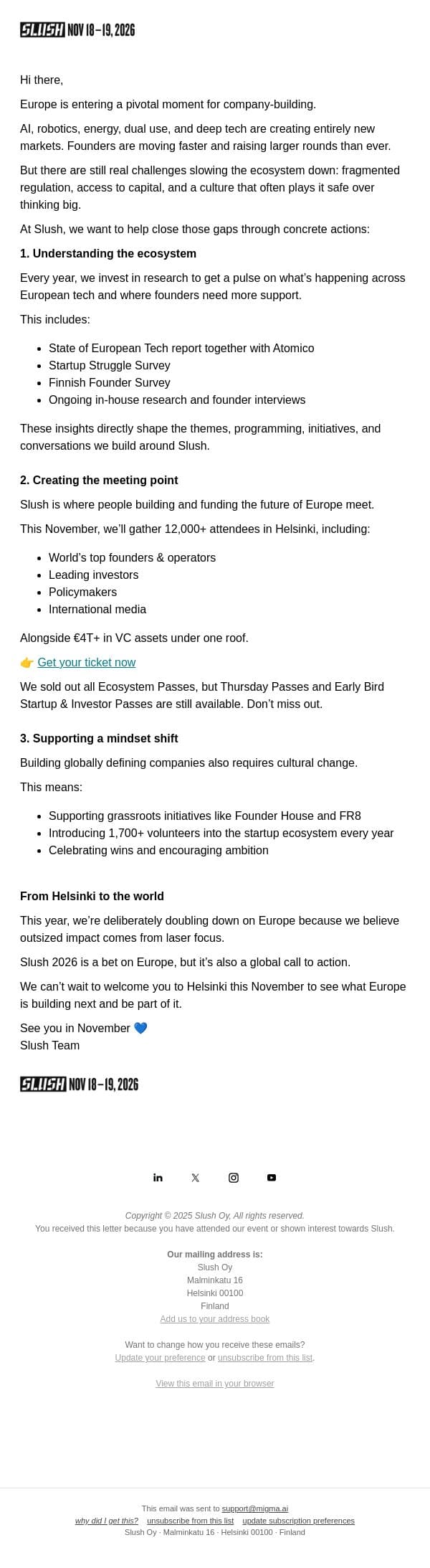 This Is How We Bet on Europe email from Slush screenshot