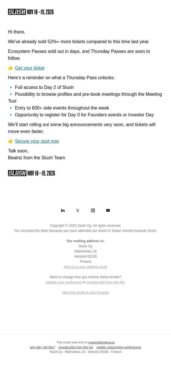 This Year Hits Different email from Slush screenshot