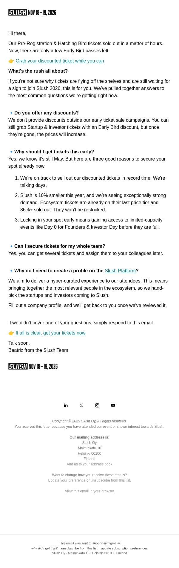 Why Is There a Slush Ticket Rush? email from Slush screenshot