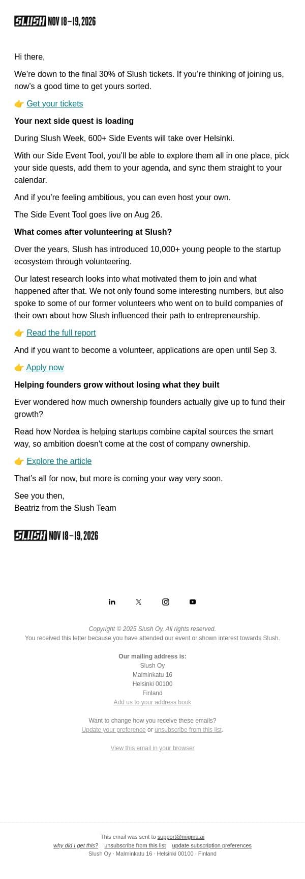 600+ Side Events Are Coming email from Slush screenshot