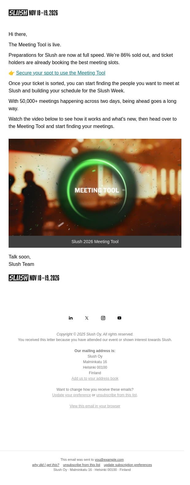 Start Booking Slush Meetings email from Slush screenshot