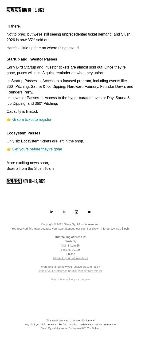 Slush is 35% Sold Out email from Slush screenshot