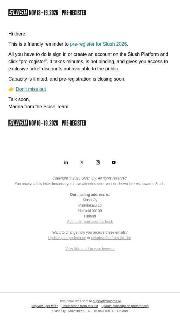 Last Weeks to Pre-Register for Slush email from Slush screenshot