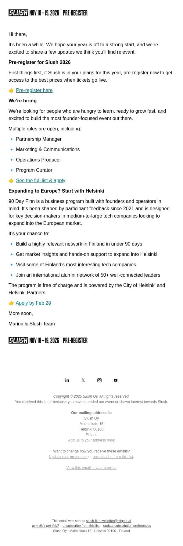 Opportunities to Kick Off 2026 email from Slush screenshot