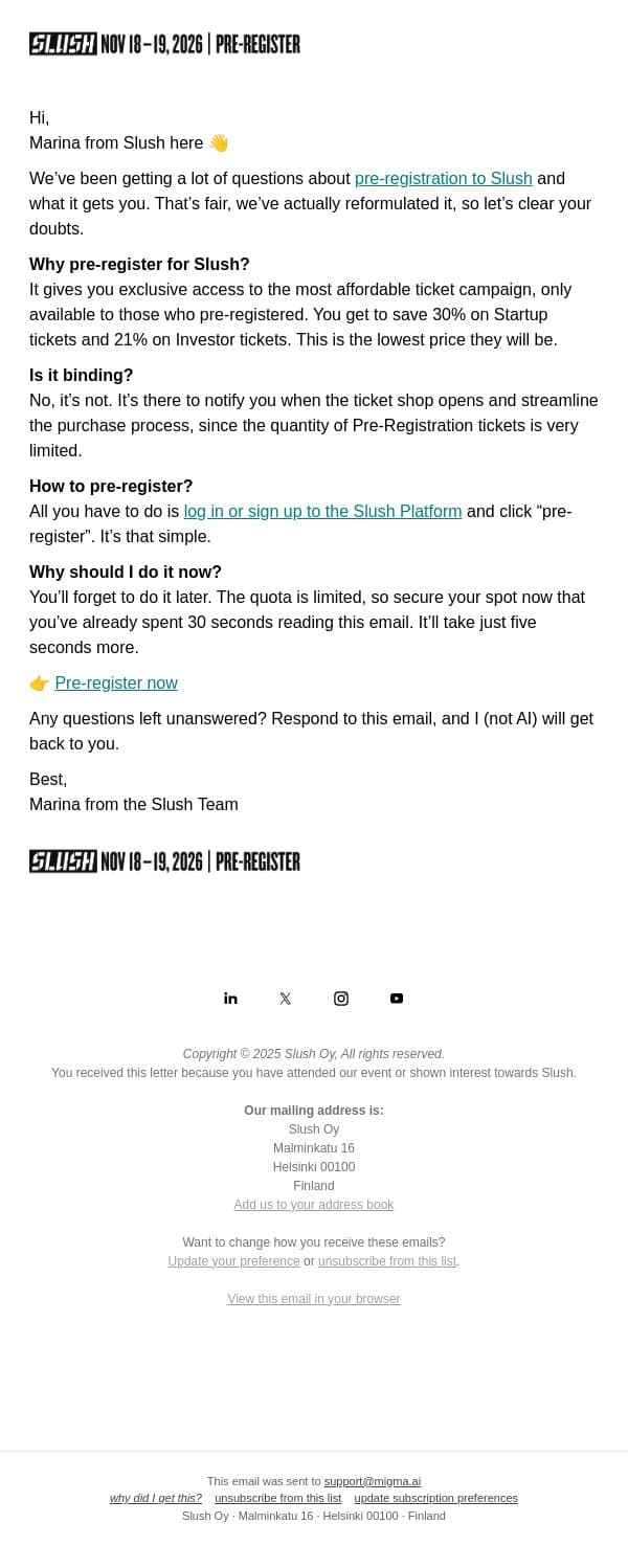How to get the most affordable tickets email from Slush screenshot