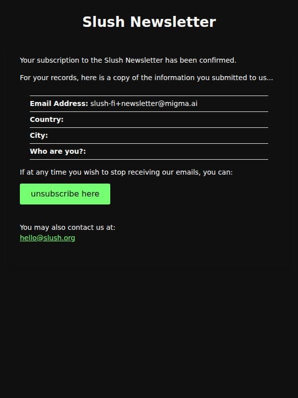 Slush: Subscription Confirmed email from Slush screenshot