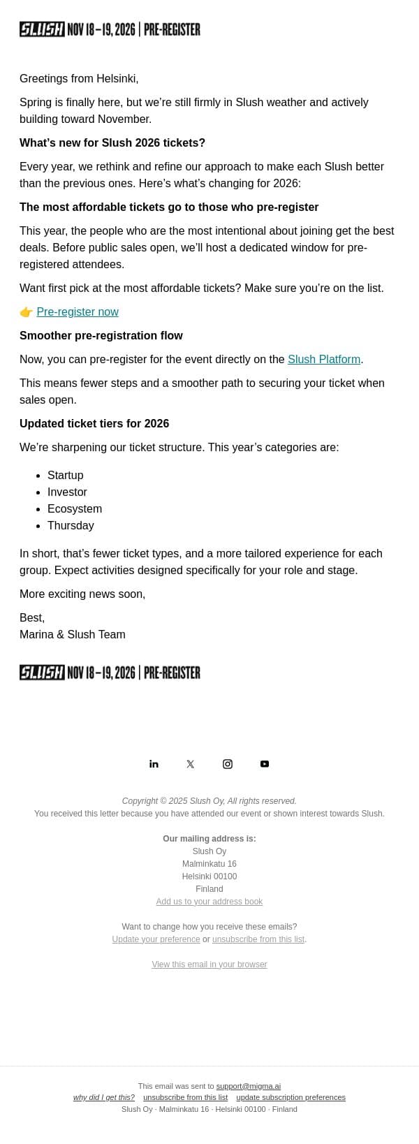 New Ticket Tiers for 2026 email from Slush screenshot