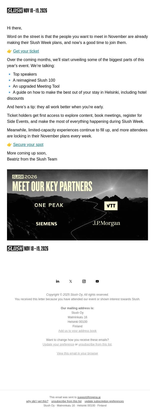 Don’t Miss What’s Coming Next email from Slush screenshot