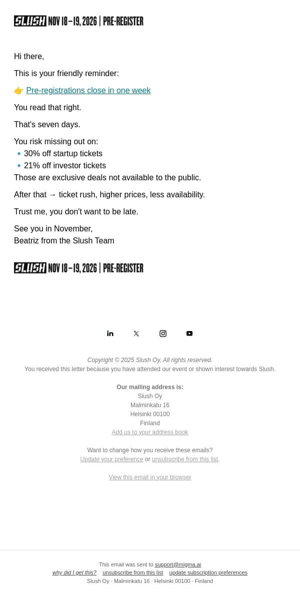 Don’t Say We Didn’t Warn You email from Slush screenshot