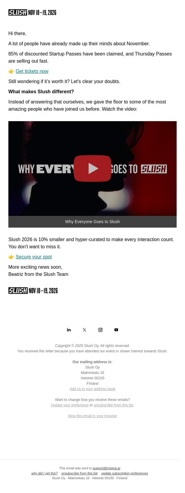 Why Will Everyone Be at Slush? email from Slush screenshot